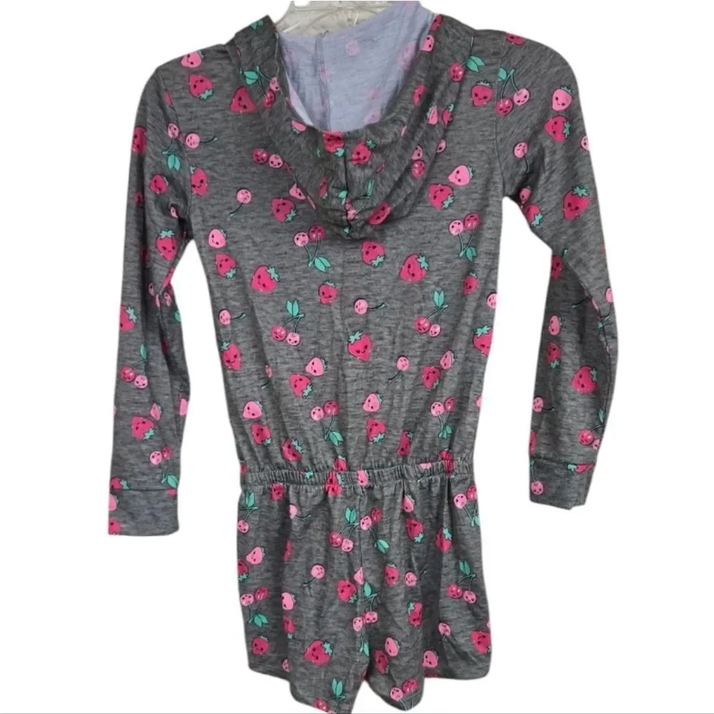 Justice Strawberry Pajama Romper Girls 6 7 Hooded Sleepwear Lounge One Piece Pjs